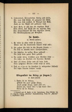 197-207, 31. Wiegenlied im Krieg zu singen, Hans Franck. - Jungdeutschland singt, Hans Steiger.