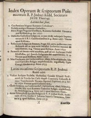 Index Operum & scriptorum Polemicorum R. P. Jodoci Kedd ...