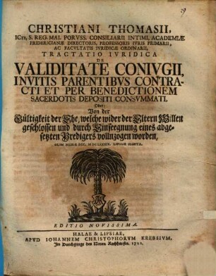 Tractatio iur. de validitate coniugii, invitis parentibus contracti