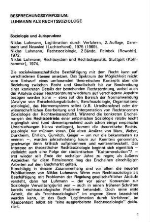 1-24, Besprechungssymposium: Luhmann als Rechtssoziologe