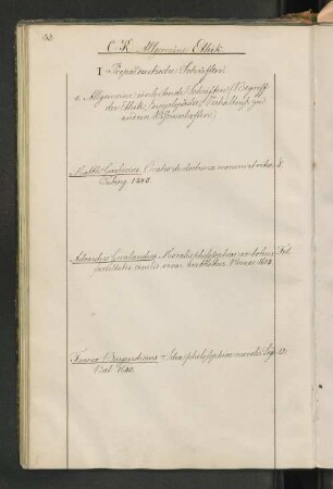 CK. Allgemeine Ethik. I Propaedeutische Schriften. 1. Allgemeine einleitende Schriften (Begriff der Ethik, Encyclopädie, Verhältniss zu andern Wissenschaften.)