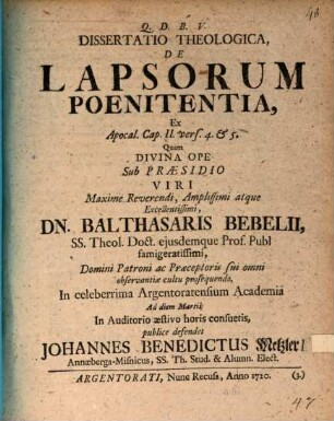 Diss. theol. de lapsorum poenitentia, ex Apocal. cap. II. vers. 4 et 5