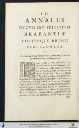 In Annales Ducum Seu Principum Brabantiae Totiusque Belgii Prolegomena.