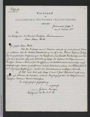 Brief von Helene Lange an Marie Stritt - Abschrift