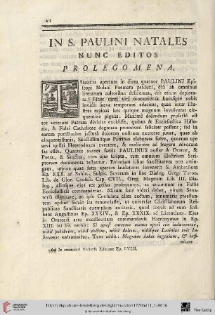 In S. Paulini Natales nunc editos prolegomena
