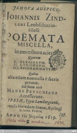 Johannis Zindleri ... Poëmata miscella