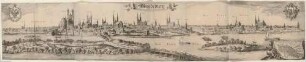 Großer Prospekt von Magdeburg auf vier Platten, Panorama-Stadtansicht über die Elbe mit Schiffen und zwei Wappen, u. r. kleinere Stadtansicht