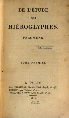 De l'étude des hieroglyphes : fragmens, 1