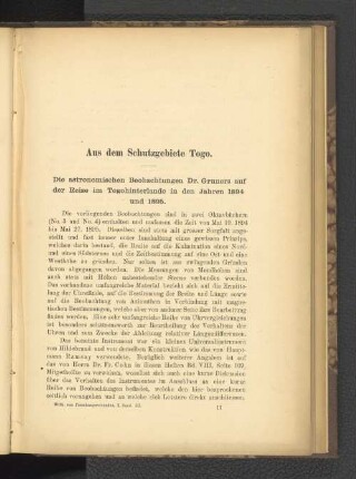 Die astronomischen Beobachtungen Dr. Gruners auf der Reise im Togohinterlande in den Jahren 1894 und 1895.