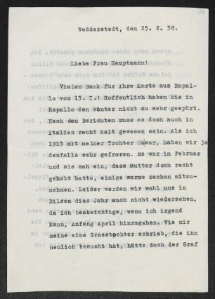 Brief von Charlotte Kiep an Margarete Hauptmann