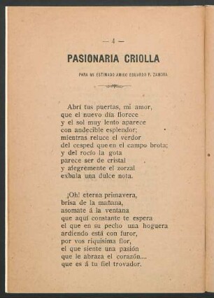 Pasionaria criolla : Para mi estimado amigo Eduardo P. Zamora