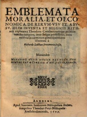 Emblemata Moralia, Et Oeconomica, De Rervm Vsv Et Abvsv