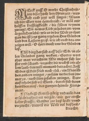 MErck auff O werde Christenheit/ || inn diser hoch betrübten zeit/