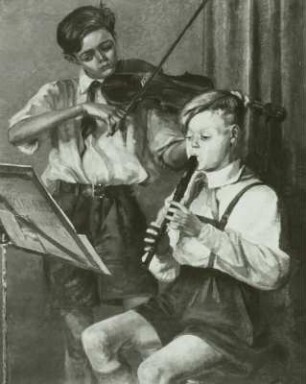 Musizierende Junge Pioniere : Bammes, Gottfried: Musizierende Junge Pioniere. Ölmalerei; 135 x 110 cm. 3. Deutsche Kunstausstellung Dresden, Albertinum, 1953.03-1953.05