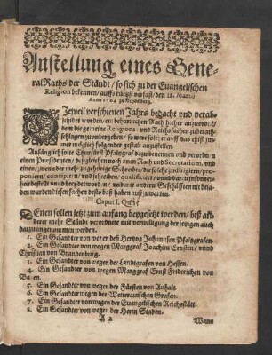 Anstellung eines GeneralRaths der Ständt/ so sich zu der Evangeleschen Religion bekennen/ [...]