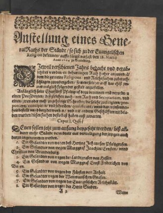 Anstellung eines GeneralRaths der Ständt/ so sich zu der Evangeleschen Religion bekennen/ [...]