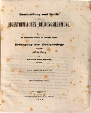 Beschreibung und Kritik einer eigenthümlichen Bildungshemmung : mit 3 Tfln.