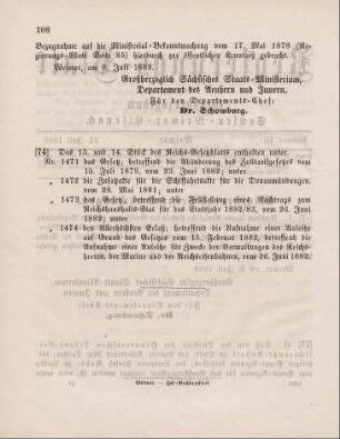 74. Das 13. und 14.Stück des Reichs-Gesetzblatts enthalten unter ...