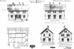 Wallhausen: Empfangsgebäude Verwaltungsgebäude Längsschnitt, Längs- Giebelansichten
