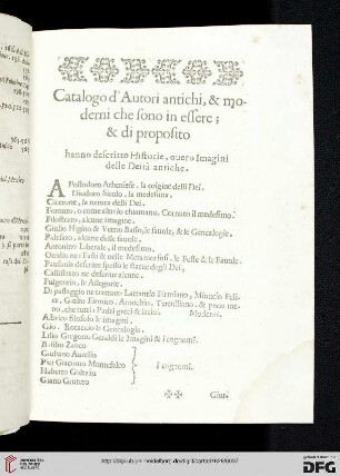 Catalogo d'Autori antichi, & moderni che sono in essere; & di proposito