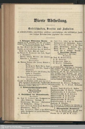 Vierte Abtheilung. Gesellschaften, Vereine und Anstalten