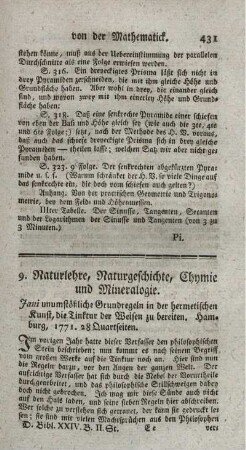 9. Naturlehre, Naturgeschichte, Chymie und Mineralogie.