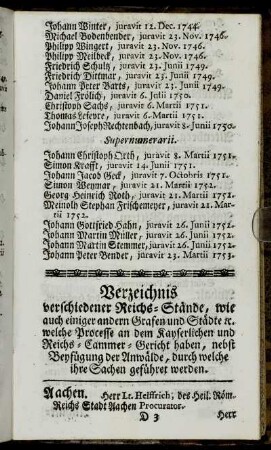 Verzeichnis verschiedener Reichs-Stände, wie auch einiger andern Grafen und Städte etc. welche Processe an dem Kayserlichen und Reichs-Cammer-Gericht haben, nebst Beyfügung der Anwälde,[...]
