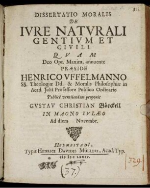 Dissertatio Moralis De Iure Naturali Gentium Et Civili