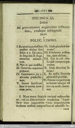 Speciem XI. Dubia Ad generationem aequivocam restituendam, ovulaque infringenda mota a Polyc. Lysero