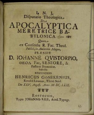 Disputatio Theologica De Apocalyptica Meretrice Babylonica