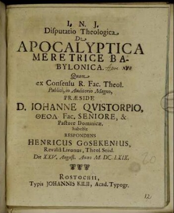 Disputatio Theologica De Apocalyptica Meretrice Babylonica