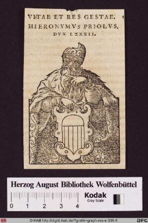Brustbild des Dogen Gerolamo Priuli über einem Wappen