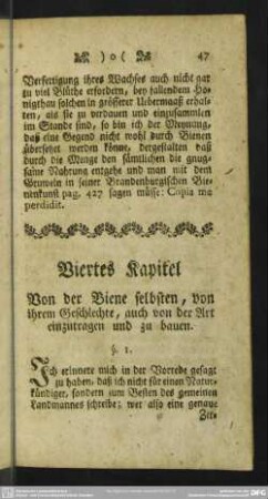 Viertes Kapitel, Von der Biene selbsten, von ihrem Geschlechte, auch von der Art einzutragen und zu bauen