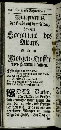 Morgen-Opffer eines Communicanten. - Freudiges Hinzu-Nahen zum Tisch der Gnaden.