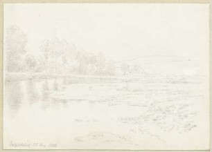 Flusslandschaft bei Salzschlirf, im Hintergrund ein Gehöft