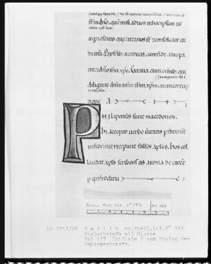 Paulusbriefe mit Glossen — Initiale P (AULUS), darin Paulus und Timotheus, Folio 117verso