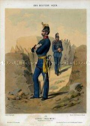 Uniformdarstellung, Hauptmann und Gemeiner des Genie-Regiments, Österreich, 1848/1854. Tafel 138 aus: Gerasch: Das Oesterreichische Heer.