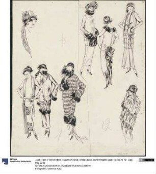 Frauen in Kleid, Winterjacke, Wintermantel und Hut
