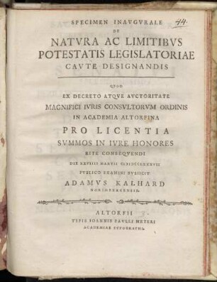 Specimen Inavgvrale De Natvra Ac Limitibvs Potestatis Legislatoriae Cavte Designandis