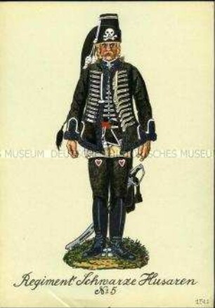 Uniformdarstellung, Gemeiner des Husaren-Regiments (von Mackerodt) H 5, Preußen, 1741.