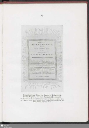 Festgedicht zur Feier der Hochzeit Richard und Minna Wagners, auf rote Damastseide gedruckt