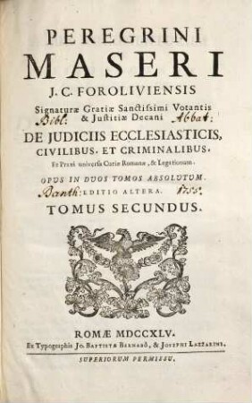 Peregrini Maseri De iudiciis ecclesiasticis, Civilibus, et Criminalibus, 2