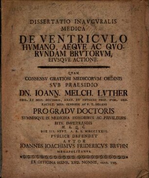 Dissertatio Inauguralis medica de ventriculo humano, aeque ac quorundam Brutorum, eiusque actione