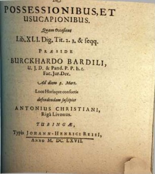 Conclusiones theoretico-practicae ad Pandectas : Exerc. XVII., de possessionibus et usucapionibus