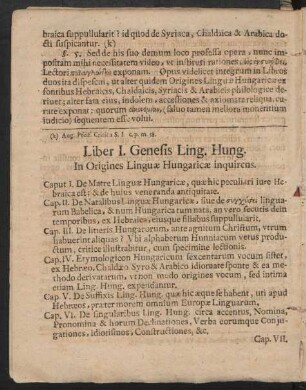 Liber I. Genesis Ling. Hung. In Origines Linguae Hungaricae inquirens.
