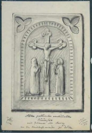 Darstellung eines beschädigten gotischen Kruzifix, ursprünglich befindlich an den Außenmauern der alten Kirche in Döhlen (Freital)