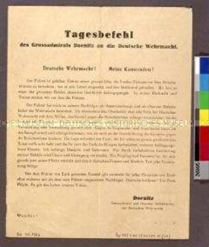 Flugblatt mit einem Aufruf und einem Tagesbefehl von Großadmiral Dönitz zum Tod von Hitler