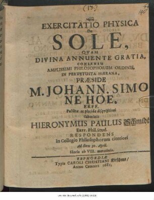 Exercitatio Physica De Sole