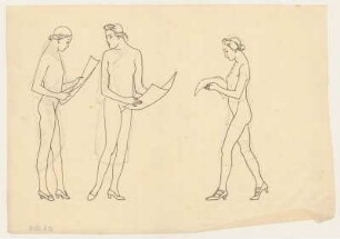 Drei Figurenstudien : Frontale und seitliche Darstellungen von Frauen, zart mit Bleistift darüber gelegte unterschiedliche Kleiderentwürfe, Pumps