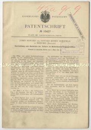 Patentschrift einer Vorrichtung zum Ausheben der Schare an Bodenbearbeitungsgeräten, Patent-Nr. 15437